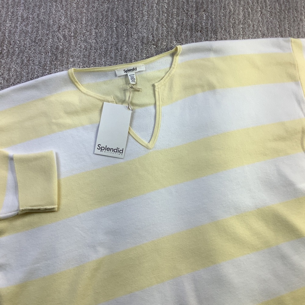 Splendid Collection Yellow White Striped Split V Neck Knit Sweater Size S NWT